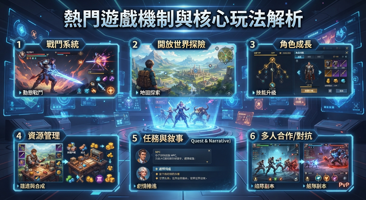 這張圖片呈現了現代遊戲介面的風格，主標題為「熱門遊戲機制與核心玩法解析」。 畫面中展示了戰鬥系統、開放世界探索、角色成長、資源管理等多個遊戲機制的圖解與數據儀表板。
